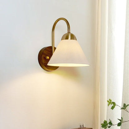 Traditional Vintage Conical Round Distressed Ceramic Rubberwood Iron 1-Light Wall Sconce Lamp For Living Room