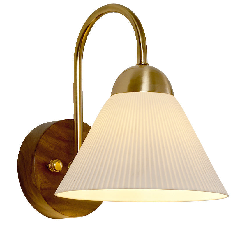 Traditional Vintage Conical Round Distressed Ceramic Rubberwood Iron 1-Light Wall Sconce Lamp For Living Room