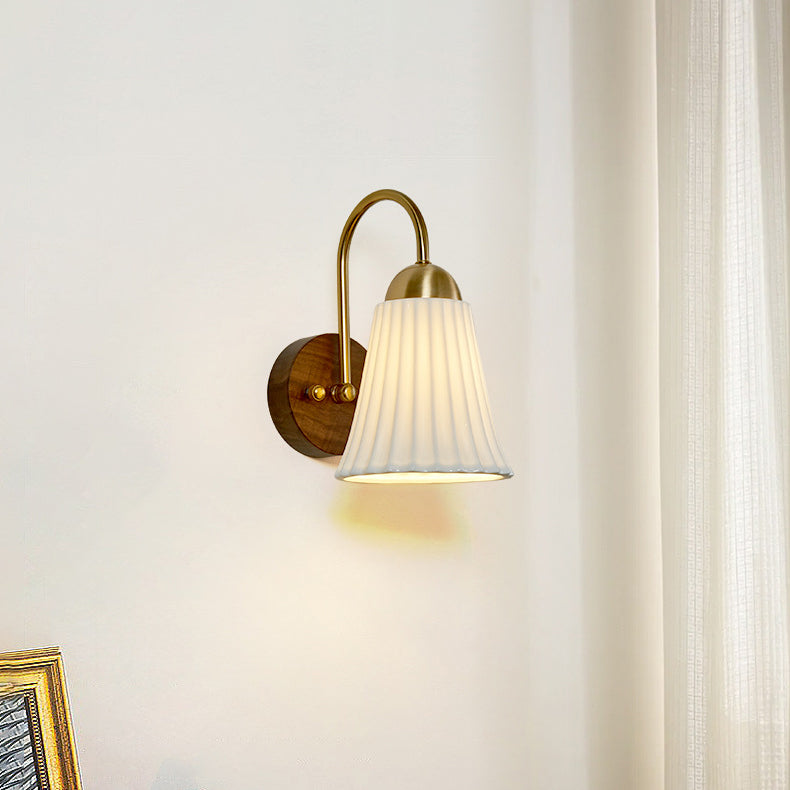 Traditional Vintage Conical Round Distressed Ceramic Rubberwood Iron 1-Light Wall Sconce Lamp For Living Room