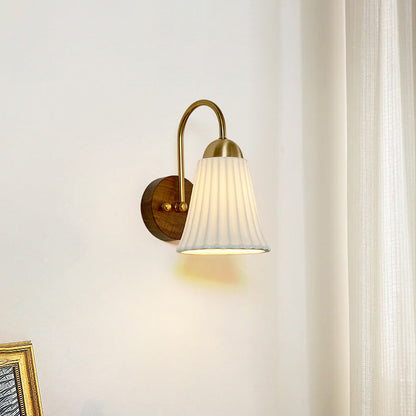 Traditional Vintage Conical Round Distressed Ceramic Rubberwood Iron 1-Light Wall Sconce Lamp For Living Room