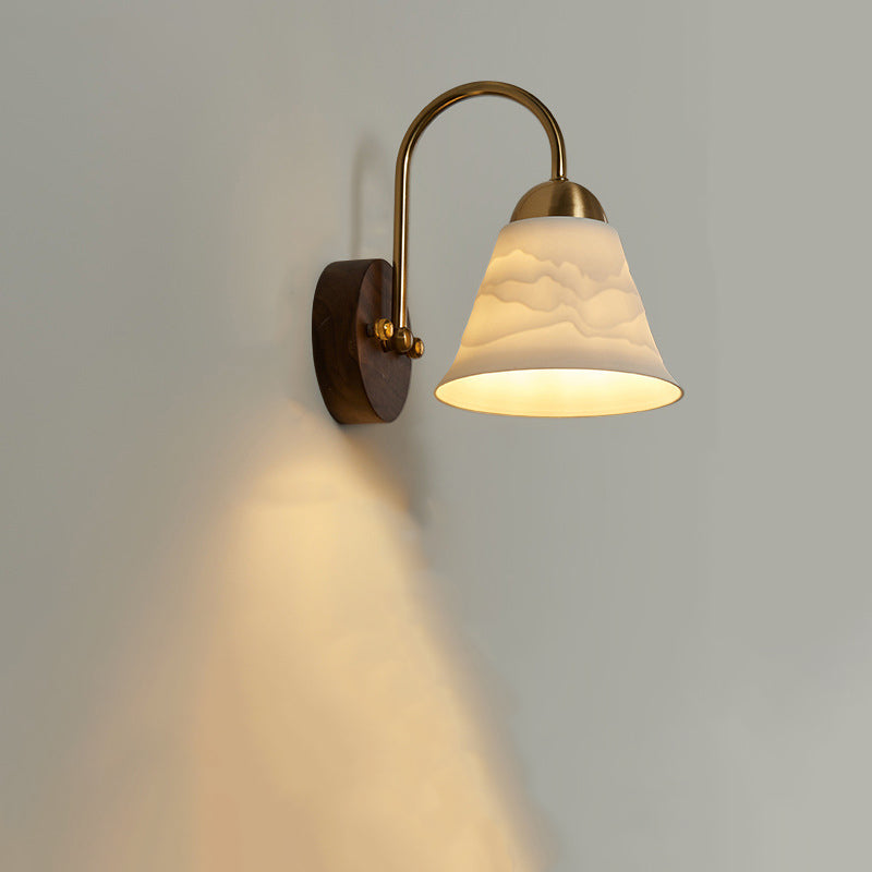 Traditional Vintage Conical Round Distressed Ceramic Rubberwood Iron 1-Light Wall Sconce Lamp For Living Room