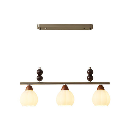 Traditional French Pumpkin Long Oval Plate Glass Wood Iron 3/4 Light Chandelier For Living Room