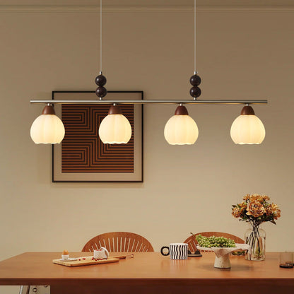Traditional French Pumpkin Long Oval Plate Glass Wood Iron 3/4 Light Chandelier For Living Room