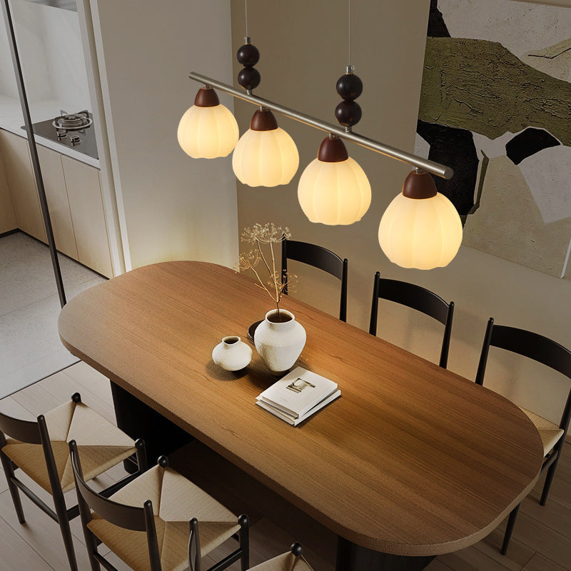 Traditional French Pumpkin Long Oval Plate Glass Wood Iron 3/4 Light Chandelier For Living Room