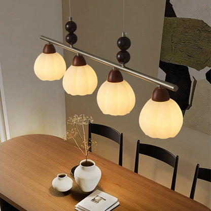 Traditional French Pumpkin Long Oval Plate Glass Wood Iron 3/4 Light Chandelier For Living Room