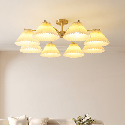 Contemporary Scandinavian Round Pleated Scalloped Branch Fabric Copper 3/5/8 Light Chandelier For Living Room