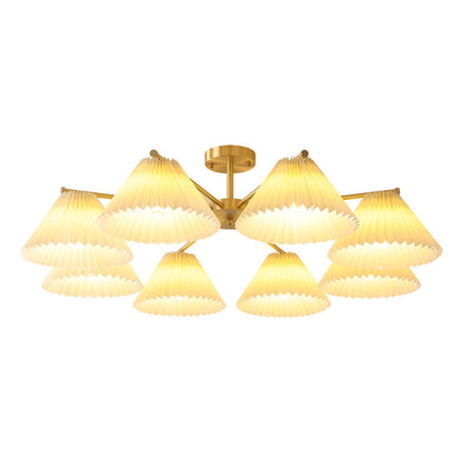Contemporary Scandinavian Round Pleated Scalloped Branch Fabric Copper 3/5/8 Light Chandelier For Living Room