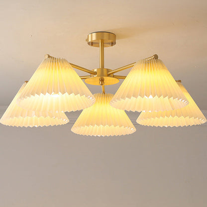 Contemporary Scandinavian Round Pleated Scalloped Branch Fabric Copper 3/5/8 Light Chandelier For Living Room