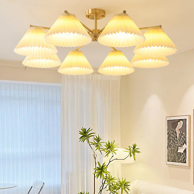 Contemporary Scandinavian Round Pleated Scalloped Branch Fabric Copper 3/5/8 Light Chandelier For Living Room