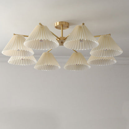 Contemporary Scandinavian Round Pleated Scalloped Branch Fabric Copper 3/5/8 Light Chandelier For Living Room