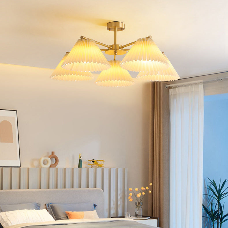 Contemporary Scandinavian Round Pleated Scalloped Branch Fabric Copper 3/5/8 Light Chandelier For Living Room