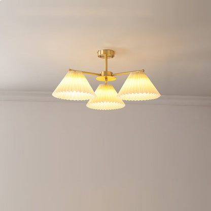 Contemporary Scandinavian Round Pleated Scalloped Branch Fabric Copper 3/5/8 Light Chandelier For Living Room