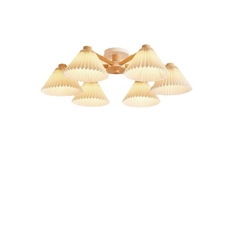 Traditional Japanese Scalloped Pleats Branch Round PP Wood Hardware 3/6 Light Chandelier For Living Room