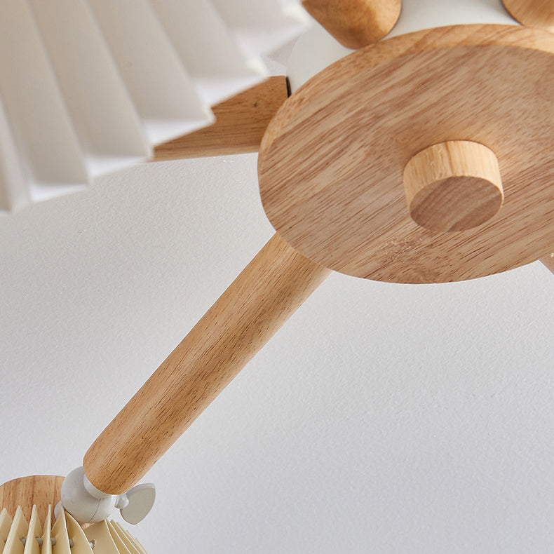 Traditional Japanese Scalloped Pleats Branch Round PP Wood Hardware 3/6 Light Chandelier For Living Room