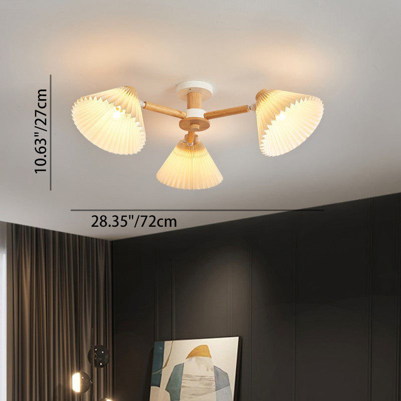 Traditional Japanese Scalloped Pleats Branch Round PP Wood Hardware 3/6 Light Chandelier For Living Room