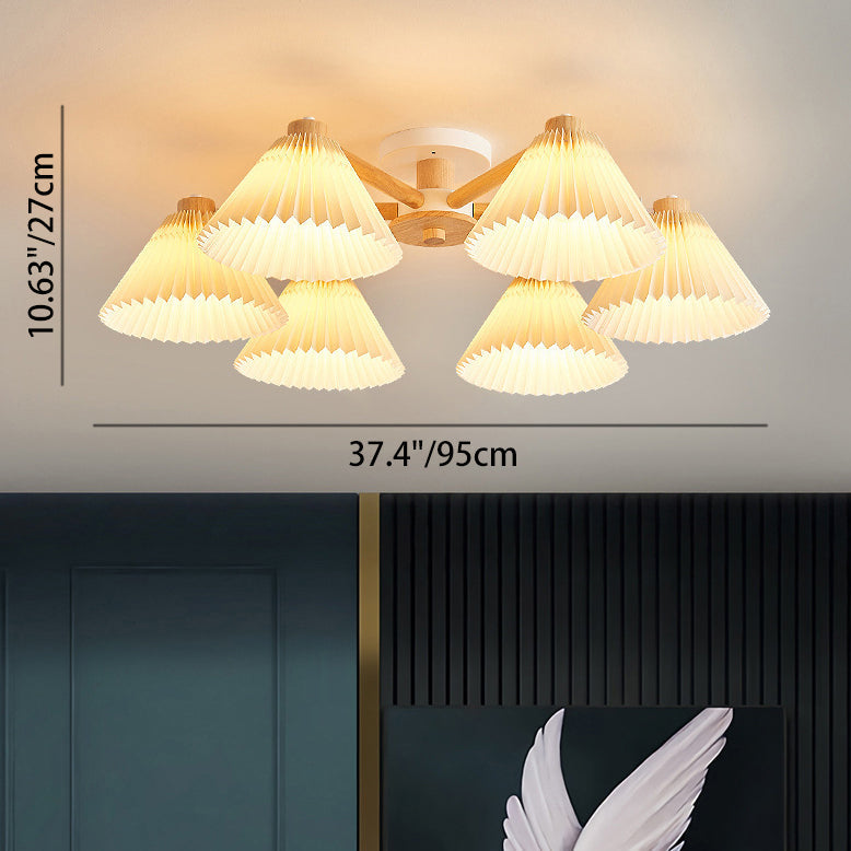 Traditional Japanese Scalloped Pleats Branch Round PP Wood Hardware 3/6 Light Chandelier For Living Room