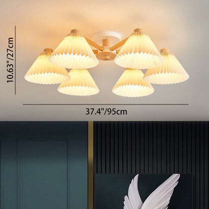 Traditional Japanese Scalloped Pleats Branch Round PP Wood Hardware 3/6 Light Chandelier For Living Room