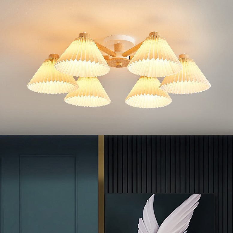 Traditional Japanese Scalloped Pleats Branch Round PP Wood Hardware 3/6 Light Chandelier For Living Room