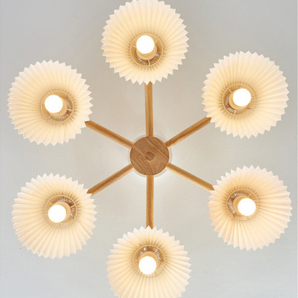 Traditional Japanese Scalloped Pleats Branch Round PP Wood Hardware 3/6 Light Chandelier For Living Room