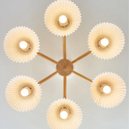 Traditional Japanese Scalloped Pleats Branch Round PP Wood Hardware 3/6 Light Chandelier For Living Room