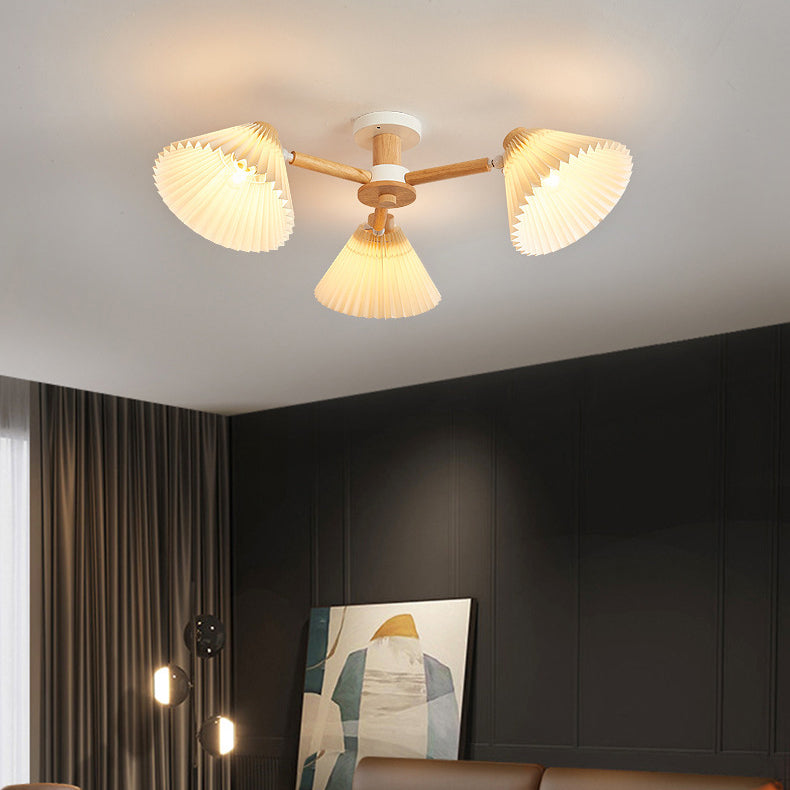 Traditional Japanese Scalloped Pleats Branch Round PP Wood Hardware 3/6 Light Chandelier For Living Room