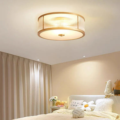 Traditional Rustic Round Distressed Straight Glass Copper 3/4 Light Flush Mount Ceiling Light For Living Room