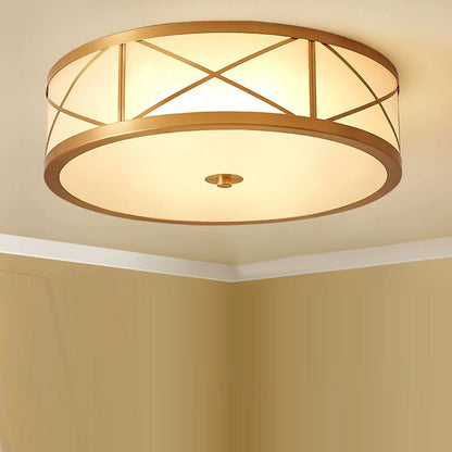 Traditional Rustic Round Distressed Straight Glass Copper 3/4 Light Flush Mount Ceiling Light For Living Room