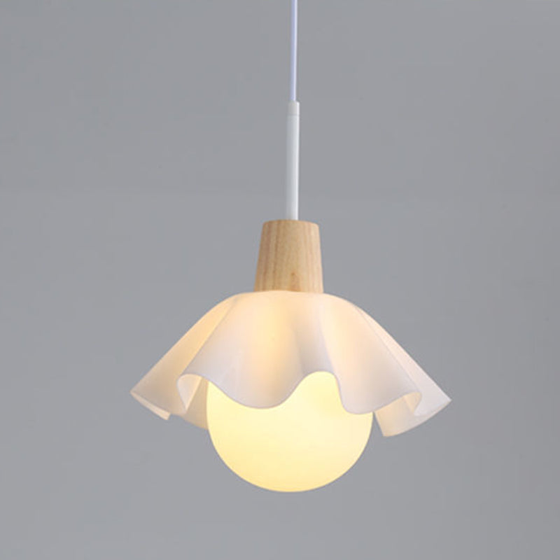 Contemporary Scandinavian Flower Orb Glass Acrylic Wood Iron 1-Light Pendant Light For Living Room