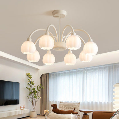Contemporary Scandinavian Cream Pod Flower Branch Glass Iron 6/8 Light Chandelier For Living Room