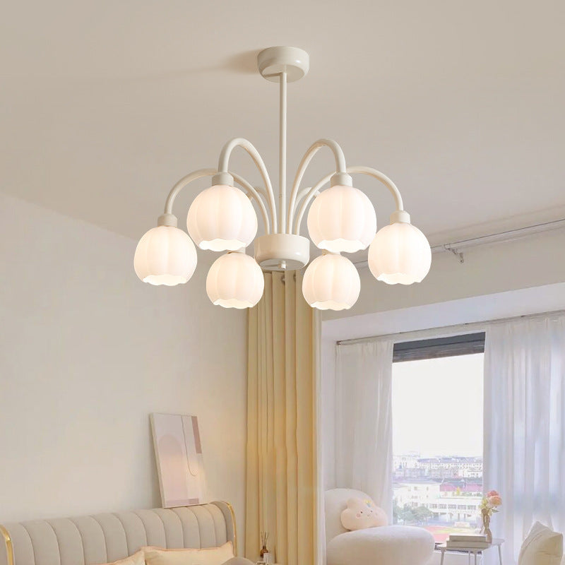 Contemporary Scandinavian Cream Pod Flower Branch Glass Iron 6/8 Light Chandelier For Living Room