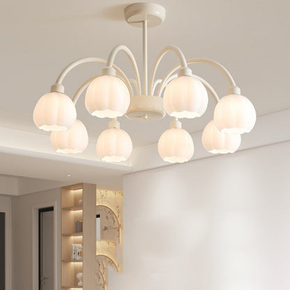 Contemporary Scandinavian Cream Pod Flower Branch Glass Iron 6/8 Light Chandelier For Living Room