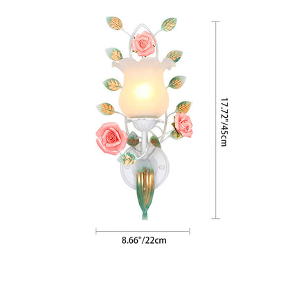 Traditional Rustic Floral Leaf Round Glass Ceramic Iron 1/2 Light Wall Sconce Lamp For Living Room