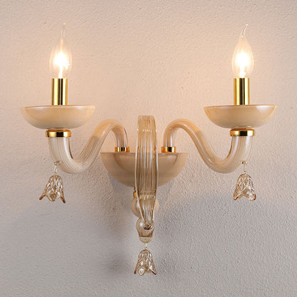 Contemporary Scandinavian Curved Leaf Round Glass Crystal Hardware 1/2 Light Wall Sconce Lamp For Bedroom