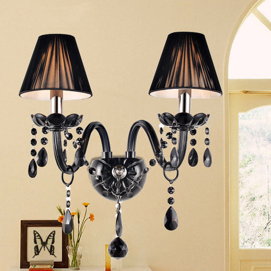 Traditional Vintage Candle Pendant Glass Fabric Crystal Iron 2-Light Wall Sconce Lamp For Bedroom
