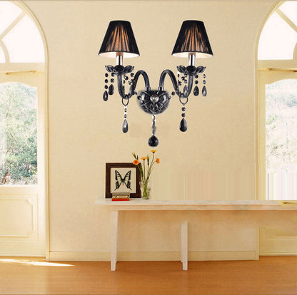 Traditional Vintage Candle Pendant Glass Fabric Crystal Iron 2-Light Wall Sconce Lamp For Bedroom