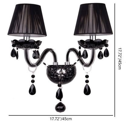 Traditional Vintage Candle Pendant Glass Fabric Crystal Iron 2-Light Wall Sconce Lamp For Bedroom