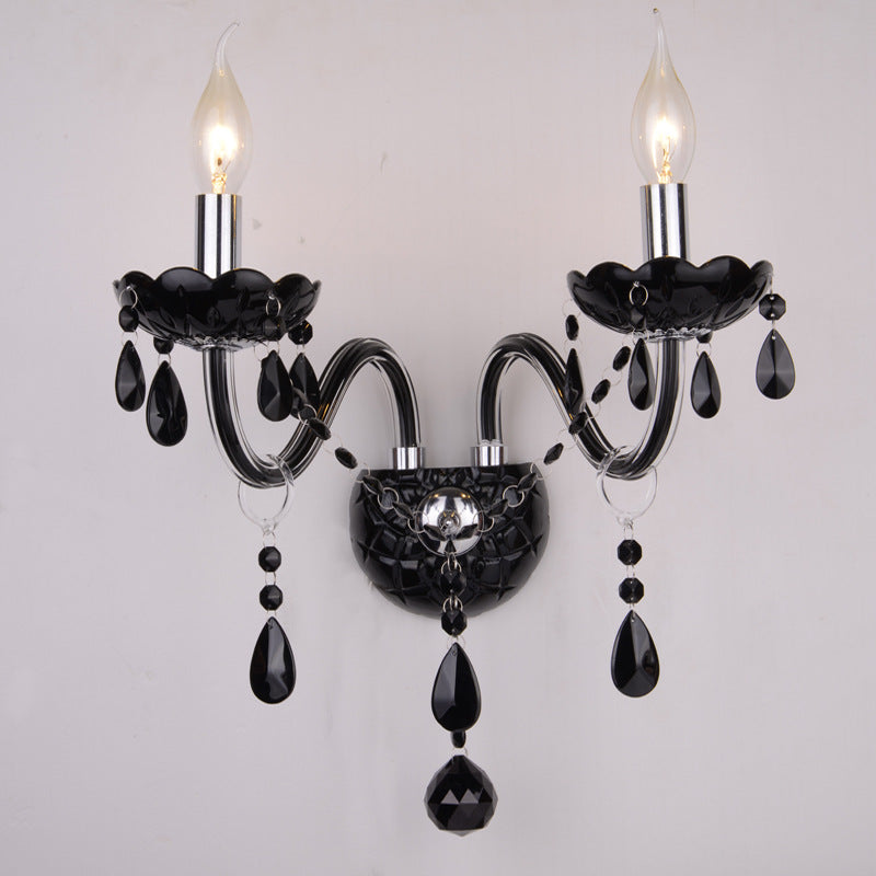 Traditional Vintage Candle Pendant Glass Fabric Crystal Iron 2-Light Wall Sconce Lamp For Bedroom