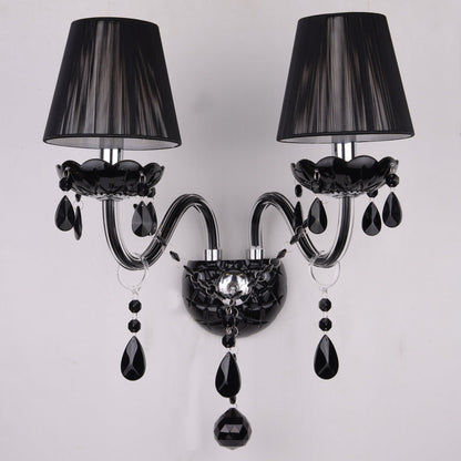 Traditional Vintage Candle Pendant Glass Fabric Crystal Iron 2-Light Wall Sconce Lamp For Bedroom