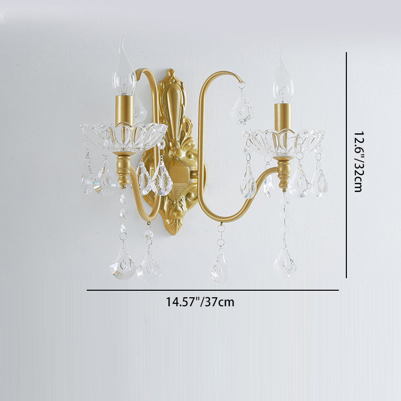 Traditional Vintage Pendant Candle Bent Crystal Iron 2-Light Wall Sconce Lamp For Bedroom