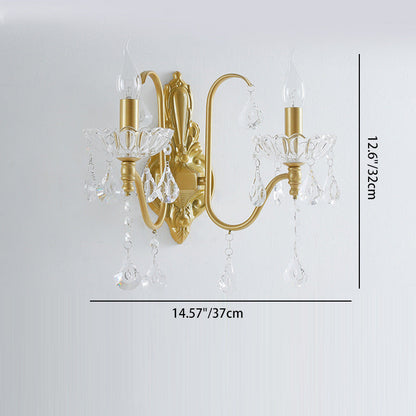 Traditional Vintage Pendant Candle Bent Crystal Iron 2-Light Wall Sconce Lamp For Bedroom