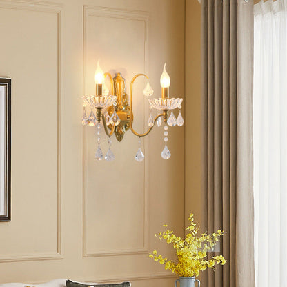 Traditional Vintage Pendant Candle Bent Crystal Iron 2-Light Wall Sconce Lamp For Bedroom