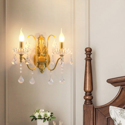 Traditional Vintage Pendant Candle Bent Crystal Iron 2-Light Wall Sconce Lamp For Bedroom