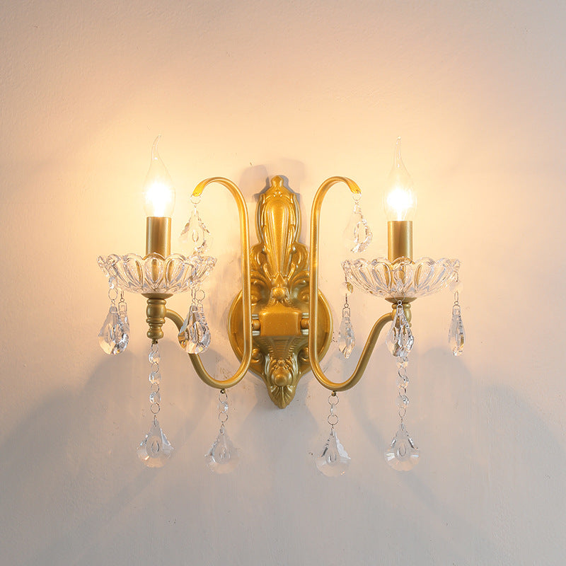 Traditional Vintage Pendant Candle Bent Crystal Iron 2-Light Wall Sconce Lamp For Bedroom