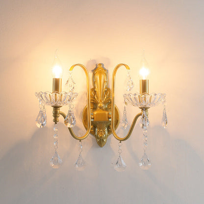 Traditional Vintage Pendant Candle Bent Crystal Iron 2-Light Wall Sconce Lamp For Bedroom