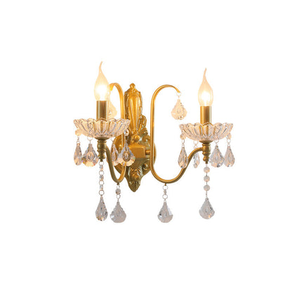 Traditional Vintage Pendant Candle Bent Crystal Iron 2-Light Wall Sconce Lamp For Bedroom