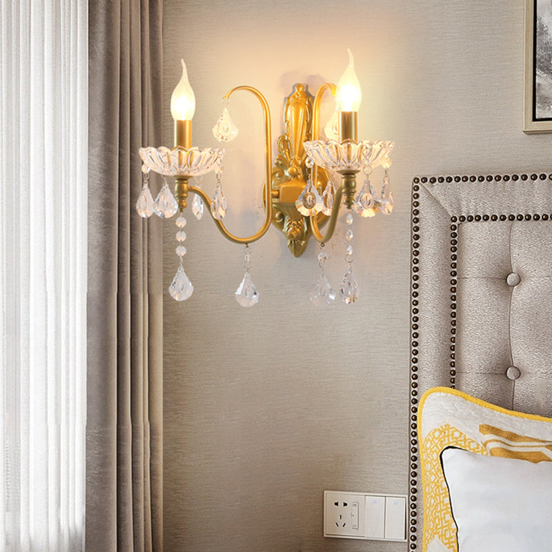 Traditional Vintage Pendant Candle Bent Crystal Iron 2-Light Wall Sconce Lamp For Bedroom