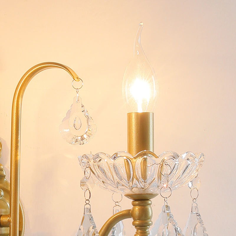 Traditional Vintage Pendant Candle Bent Crystal Iron 2-Light Wall Sconce Lamp For Bedroom