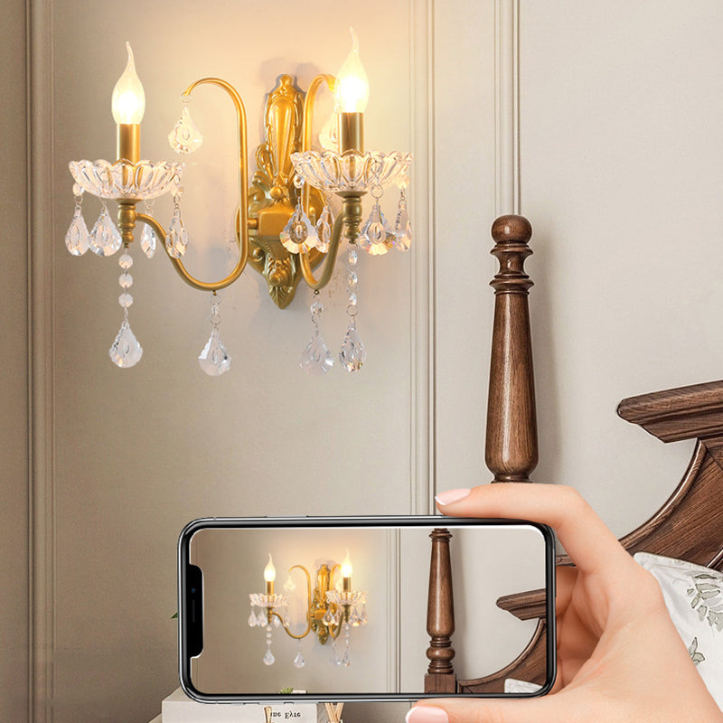 Traditional Vintage Pendant Candle Bent Crystal Iron 2-Light Wall Sconce Lamp For Bedroom