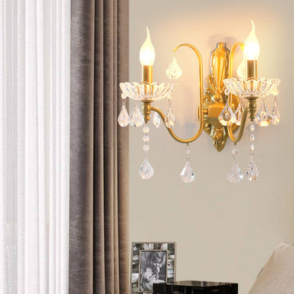 Traditional Vintage Pendant Candle Bent Crystal Iron 2-Light Wall Sconce Lamp For Bedroom