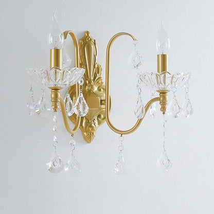 Traditional Vintage Pendant Candle Bent Crystal Iron 2-Light Wall Sconce Lamp For Bedroom